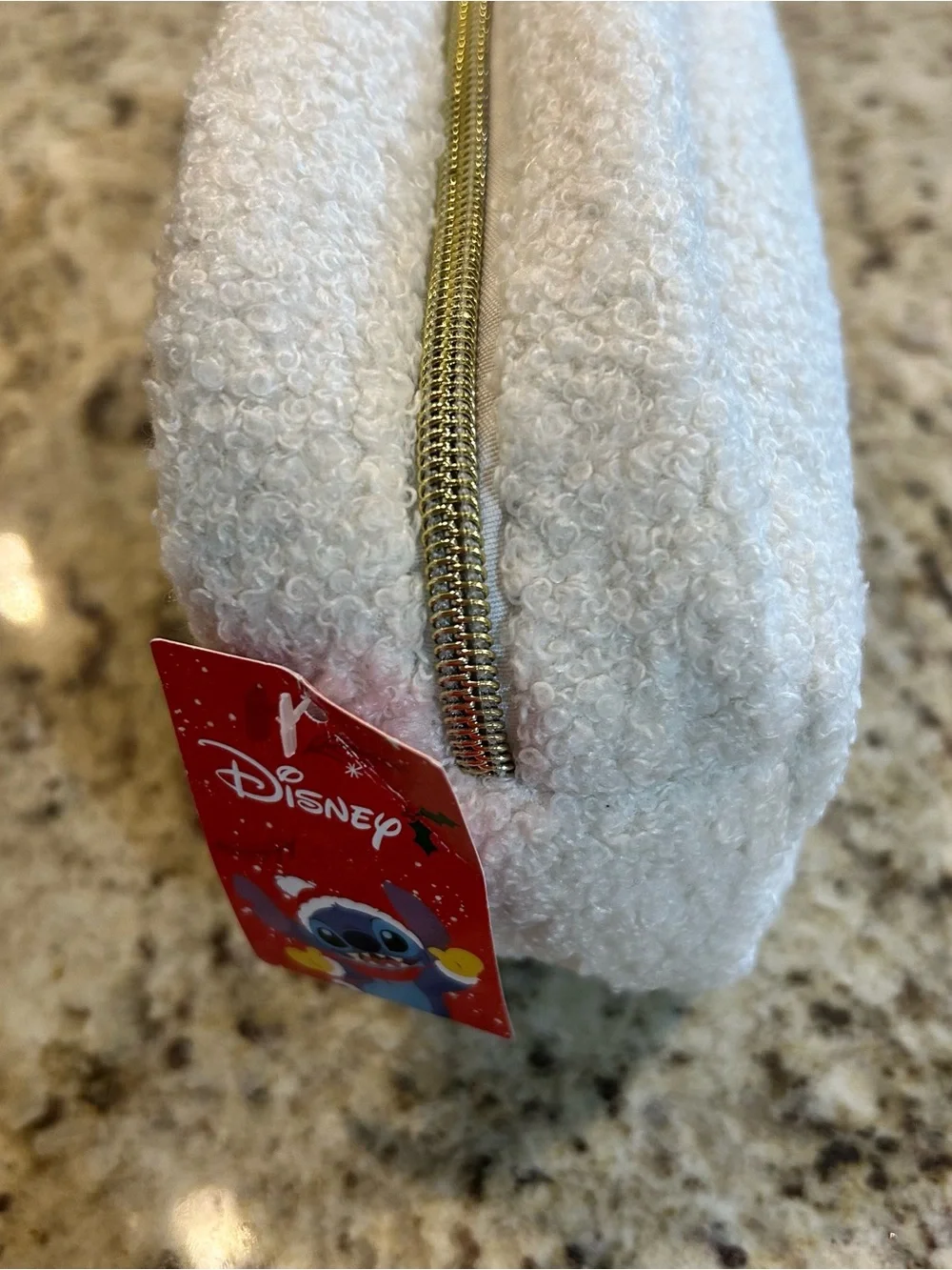 Disney White Sherpa NWT zippered Pouch with Pink & Blue Lilo & Stitch Patch.